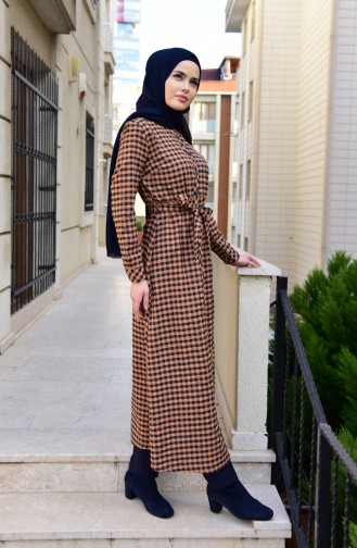 Checkered Patterned Belted Long Tunic 4406-01 Taba 4406-01