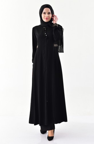 Abaya Bordée a Fermeture 0005-04 Noir 0005-04