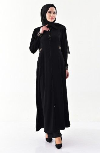İşlemeli Fermuarlı Ferace 0005-04 Siyah
