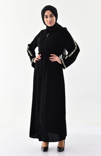 Sequined Belted Abaya  7821-01 Black 7821-01