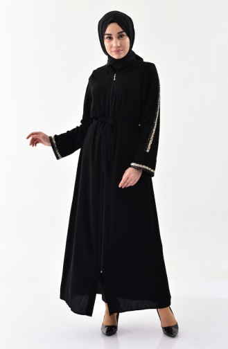 Sequined Belted Abaya  7821-01 Black 7821-01
