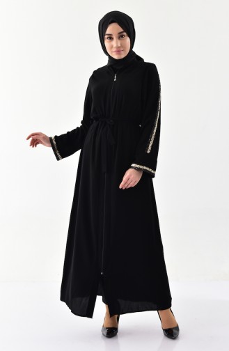 Abaya a Ceinture et Paillettes 7821-01 Noir 7821-01