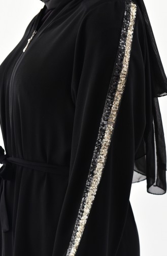 Sequined Belted Abaya  7821-01 Black 7821-01