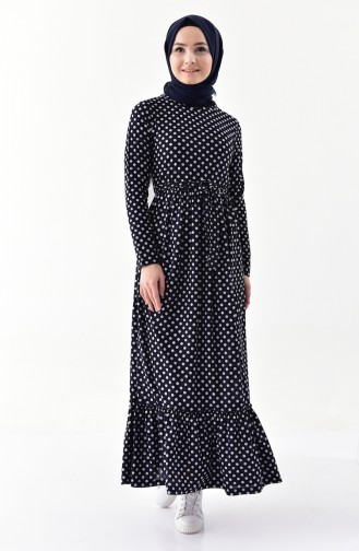 Polka Dot Belted Dress 3900-02 Navy Blue 3900-02