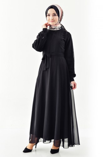 Kuşaklı Şifon Elbise 3020-01 Siyah