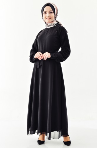 Kuşaklı Şifon Elbise 3020-01 Siyah