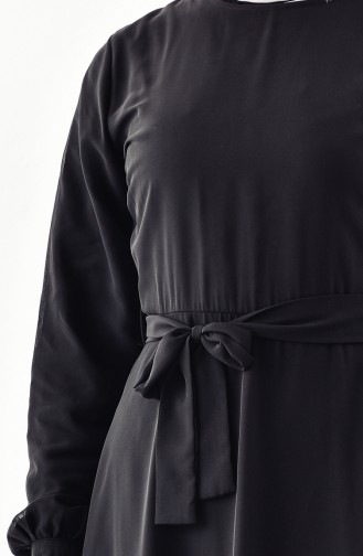 Kuşaklı Şifon Elbise 3020-01 Siyah 3020-01