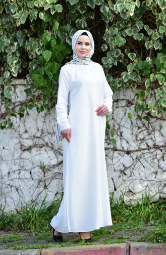Viskon Düğmeli Elbise 8119-03 Beyaz
