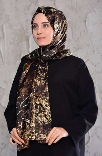Batik Patterned Silk Satin Shawl 24677-01 Black 24677-01