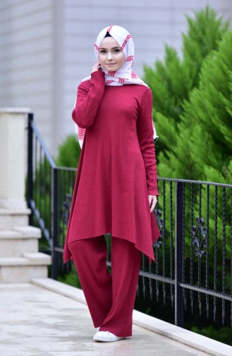 Fitted Tricot Tunic Pants Double Suit 3309-03 Claret Red 3309-03
