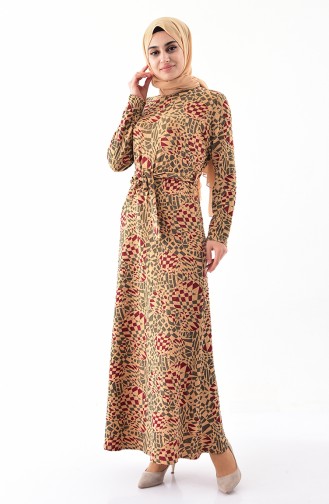 Dilber Patterned Belted Dress 1105-02 Mustard Bordeaux 1105-02