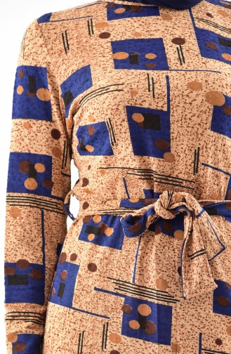 دلبر فستان بتصميم مطبع وحزام 9153-02 لون اصفر داكن وازرق 9153-02