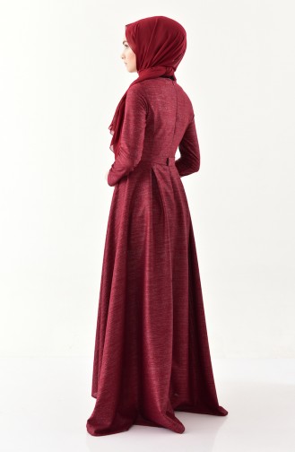 Simli Kuşaklı Asimetrik Elbise 4266-01 Bordo