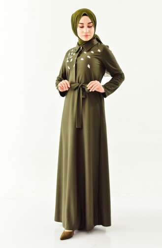 إي أف إي فستان بتصميم مُطرز بالورد 0020-06 لون أخضر كاكي 0020-06
