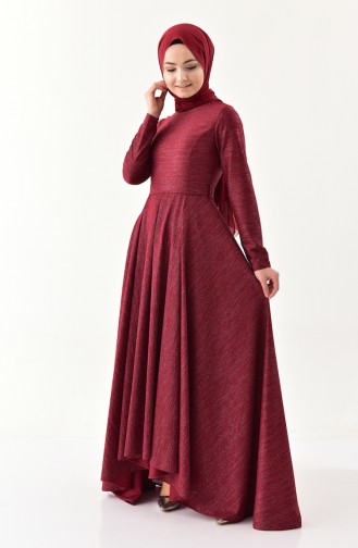Simli Kuşaklı Asimetrik Elbise 4266-01 Bordo
