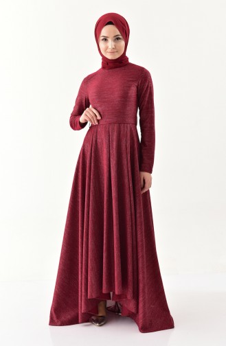 Simli Kuşaklı Asimetrik Elbise 4266-01 Bordo