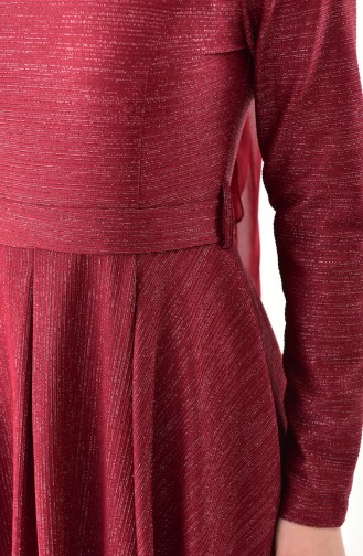 Simli Kuşaklı Asimetrik Elbise 4266-01 Bordo
