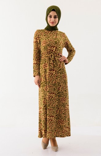 Desenli Kuşaklı Elbise 1105-01 Hardal Fıstık Yeşili