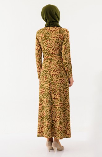 Desenli Kuşaklı Elbise 1105-01 Hardal Fıstık Yeşili