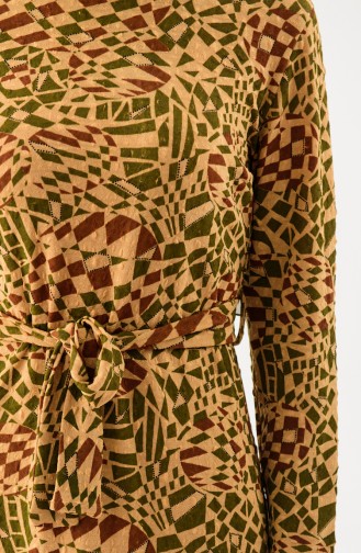 Desenli Kuşaklı Elbise 1105-01 Hardal Fıstık Yeşili 1105-01