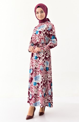 فستان بتصميم مُطبع وحزام للخصر 2048-03 لون ارجواني 2048-03