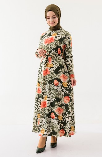 فستان بتصميم مُطبع وحزام للخصر 2048-04 لون اخضر كاكي 2048-04