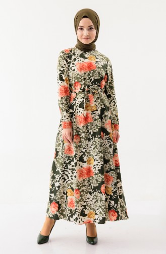 فستان بتصميم مُطبع وحزام للخصر 2048-04 لون اخضر كاكي 2048-04
