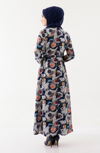فستان بتصميم مُطبع وحزام للخصر 2048A-01 لون كحلي 2048A-01
