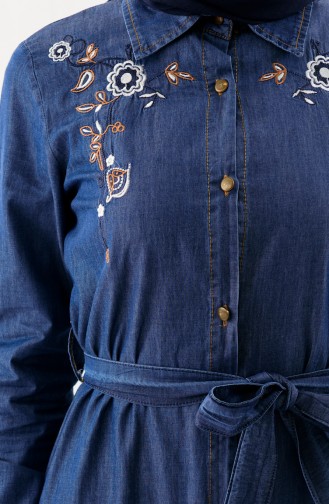 Nakışlı Kuşaklı Kot Elbise 1904-02 Lacivert 1904-02