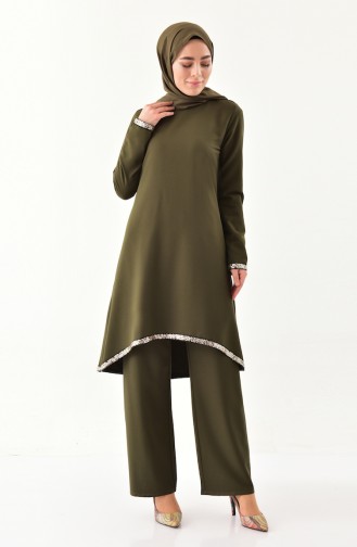 BURUN Sequin Detail Tunic Trousers Double Suit 11174-04 Khaki 11174-04