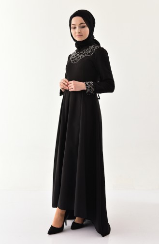 İncili Kuşaklı Elbise 8902-02 Siyah