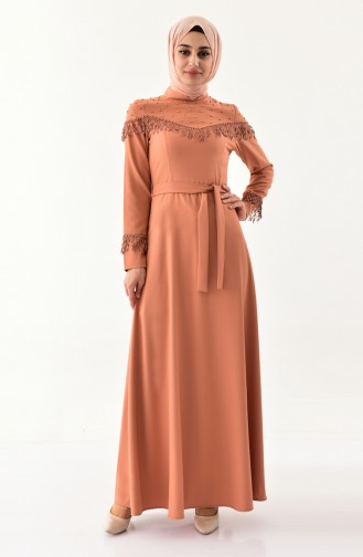 فستان بتصميم حزام للخصر والدانتيل 2020-01 لون عسلي مائل للبرتقالي 2020-01