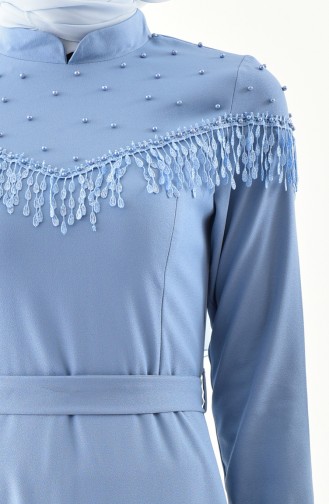 Dantel Detaylı Kuşaklı Elbise 2020-02 Mavi