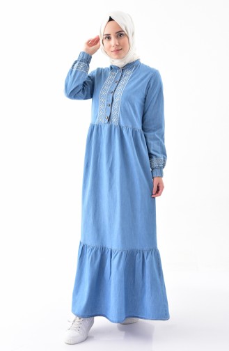 Düğmeli Kot Elbise 6141-02 Kot Mavi