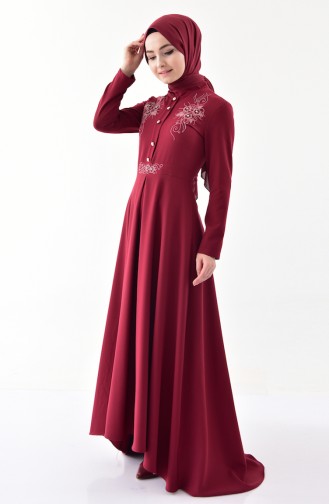 MISS VALLE  Embroidery Detail Stone Dress 8857-03 Bordeaux 8857-03