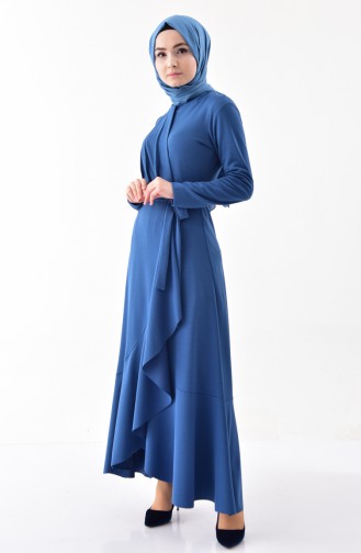 Volanlı Kuşaklı Elbise 4064-01 İndigo