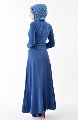Volanlı Kuşaklı Elbise 4064-01 İndigo