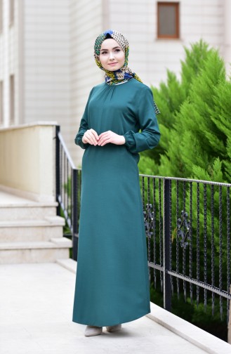 فستان بتصميم اكمام مزمومة 1919-06 لون اخضرزمردي 1919-06
