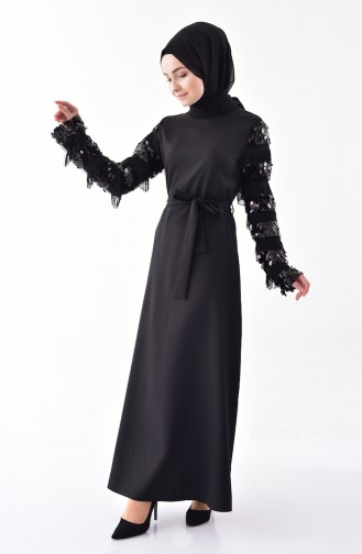 Pullu Kuşaklı Elbise 81640-05 Siyah