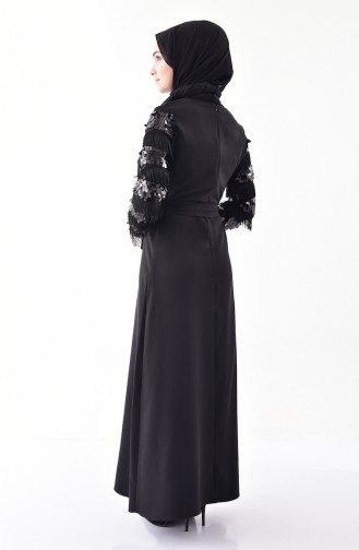 Pullu Kuşaklı Elbise 81640-05 Siyah