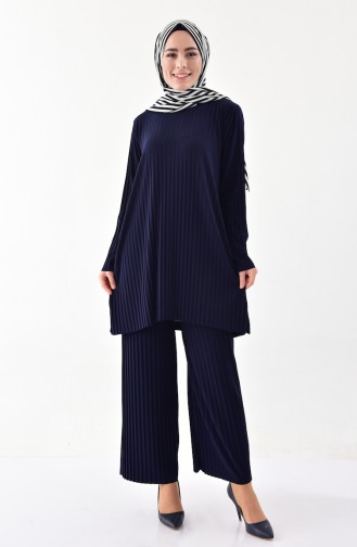 Ensemble Deux Pieces Tunique Pantalon Plissé 5219-02 Bleu Marine 5219-02