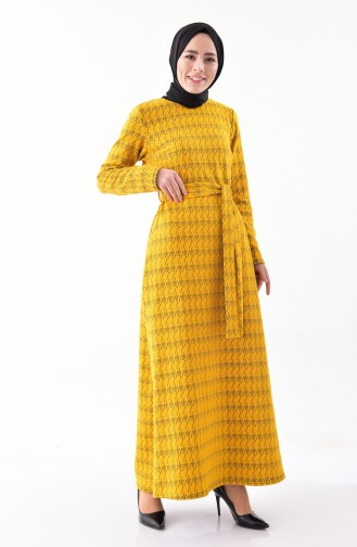دلبر فستان بتصميم مطبع وحزام للخصر1108-02لون اصفر داكن 1108-02