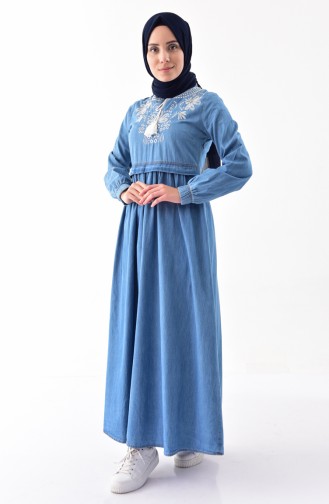 Nakışlı Kot Elbise 6143-01 Kot Mavi