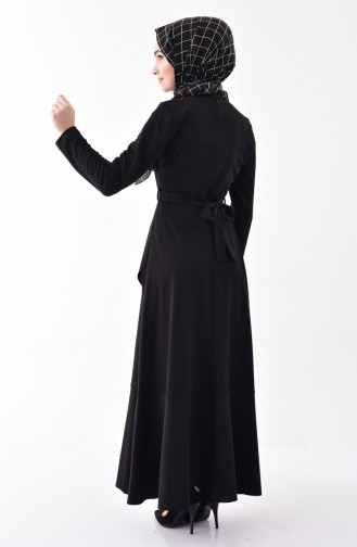 Volanlı Kuşaklı Elbise 4064-05 Siyah