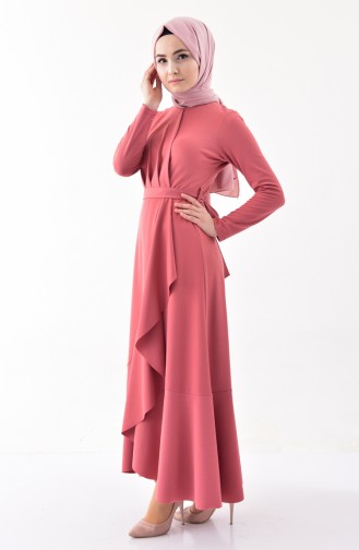 Volanlı Kuşaklı Elbise 4064-06 Gül Kurusu