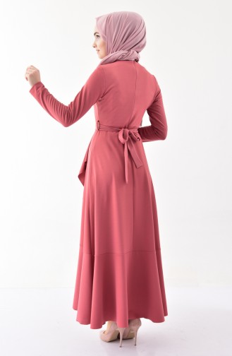 Volanlı Kuşaklı Elbise 4064-06 Gül Kurusu