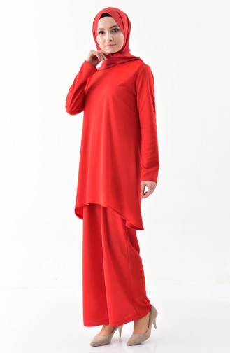 Simli Tunik Pantolon İkili Takım 1269-02 Kırmızı