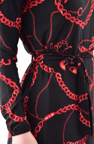 Patterned Belted Dress 0298-01 Black 0298-01