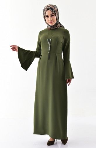 فستان مزين بقلادة 2050-06 لون اخضر كاكي 2050-06