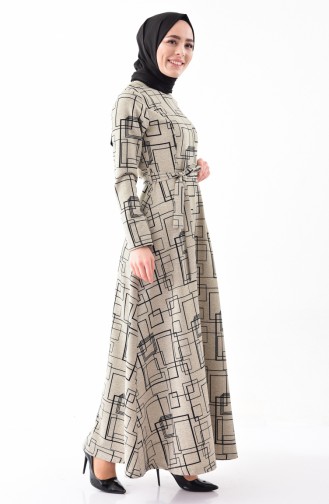 Desenli Kuşaklı Elbise 6000-02 Bej